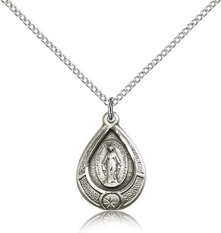 Sterling Silver Miraculous Pendant, Lite Curb Chain, 3/4" x 1/2"