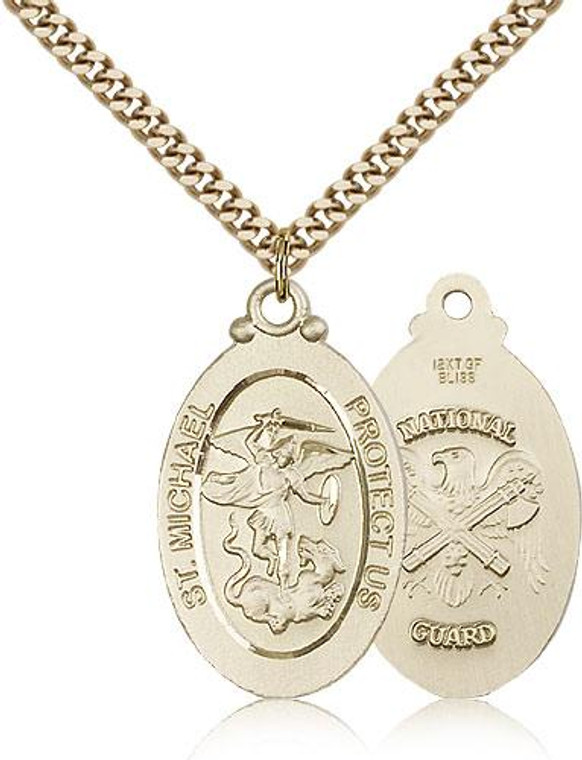 Gold Filled St. Michael / Nat'l Guard Pendant, Stainless Gold Heavy Curb Chain, 1 1/8" x 5/8"