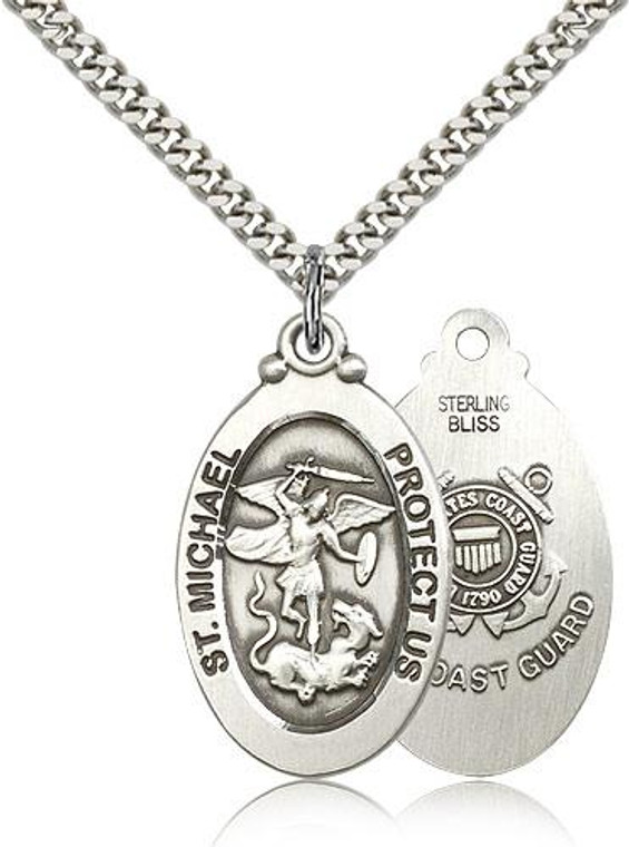 Sterling Silver St. Michael / Coast Guard Pendant, Silver Heavy Curb Chain, 1 1/8" x 5/8"