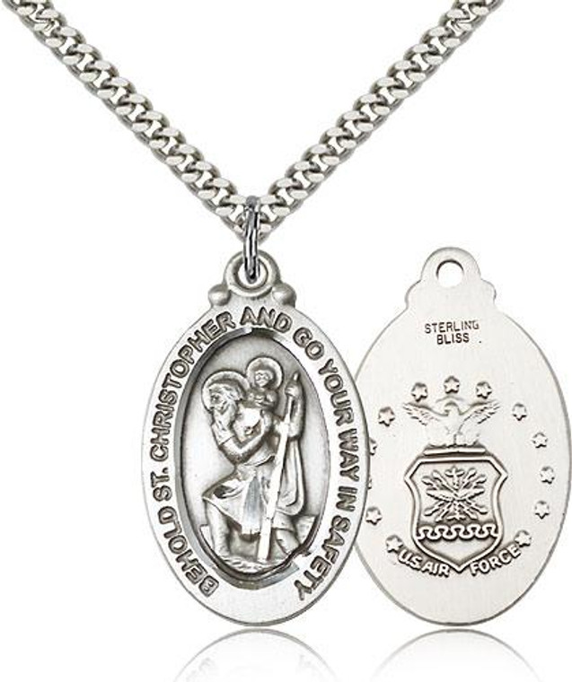 Sterling Silver St. Christopher Air Force Pendant, Heavy Curb Chain, 1 1/8" x 5/8"