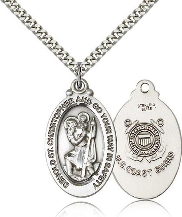 Sterling Silver St. Christopher Coast Guard Pendant, Heavy Curb Chain, 1 1/8" x 5/8"
