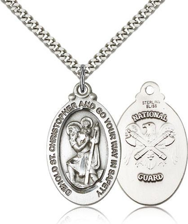Sterling Silver St. Christopher National Guard Pendant, Heavy Curb Chain, 1 1/8" x 5/8"