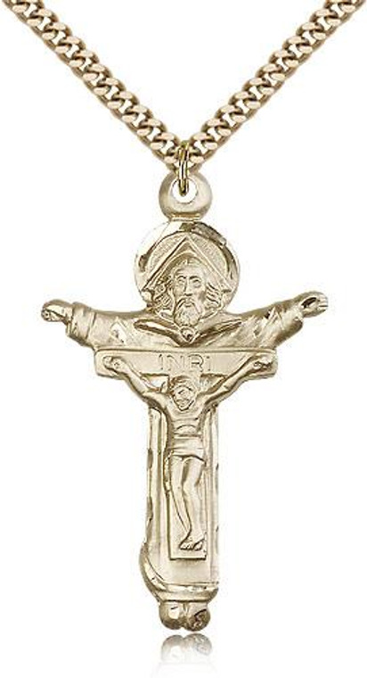 Gold Filled Trinity Crucifix Pendant, Stainless Gold Heavy Curb Chain, 1 3/4" x 1"