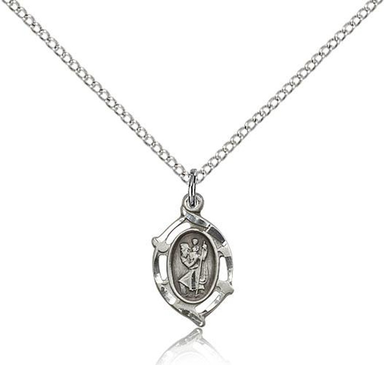 Sterling Silver St. Christopher Pendant, Lite Curb Chain, 5/8" x 3/8"