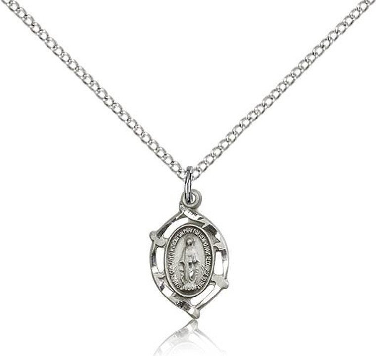 Sterling Silver Miraculous Pendant, Lite Curb Chain, 5/8" x 3/8"