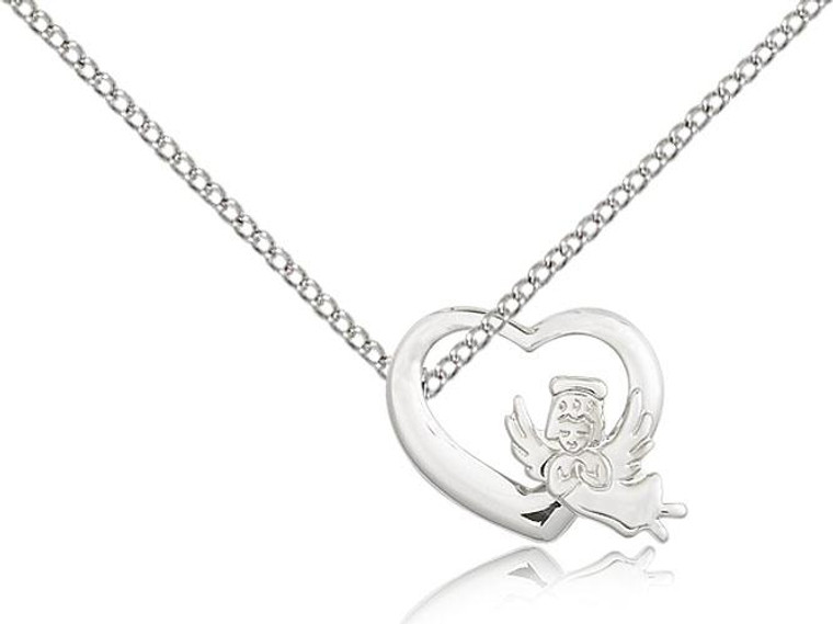 Sterling Silver Heart / Guardian Angel Pendant, Lite Curb Chain, 1/2" x 5/8"