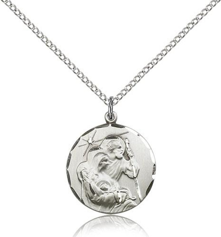 Sterling Silver Holy Family Pendant, Lite Curb Chain, 3/4" x 5/8"
