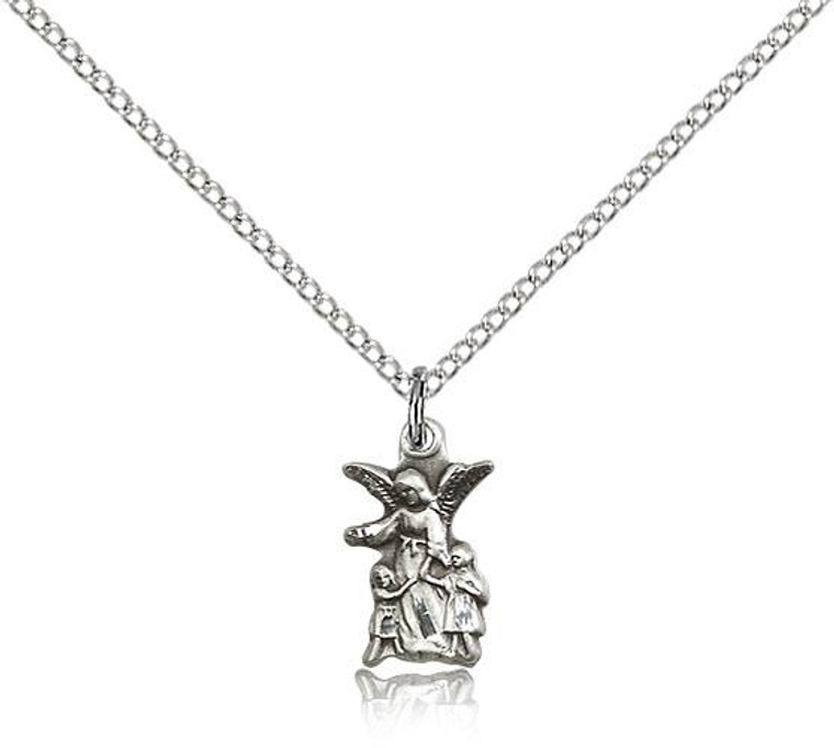 Sterling Silver Guardian Angel Pendant, Lite Curb Chain, 1/2" x 1/4"