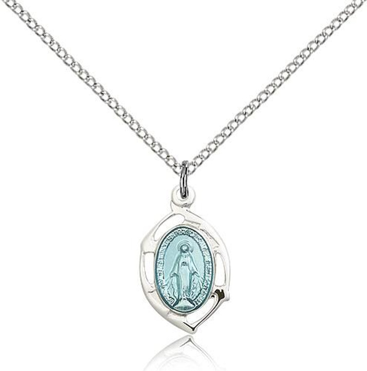 Sterling Silver Miraculous Pendant, Lite Curb Chain, 3/4" x 3/8"
