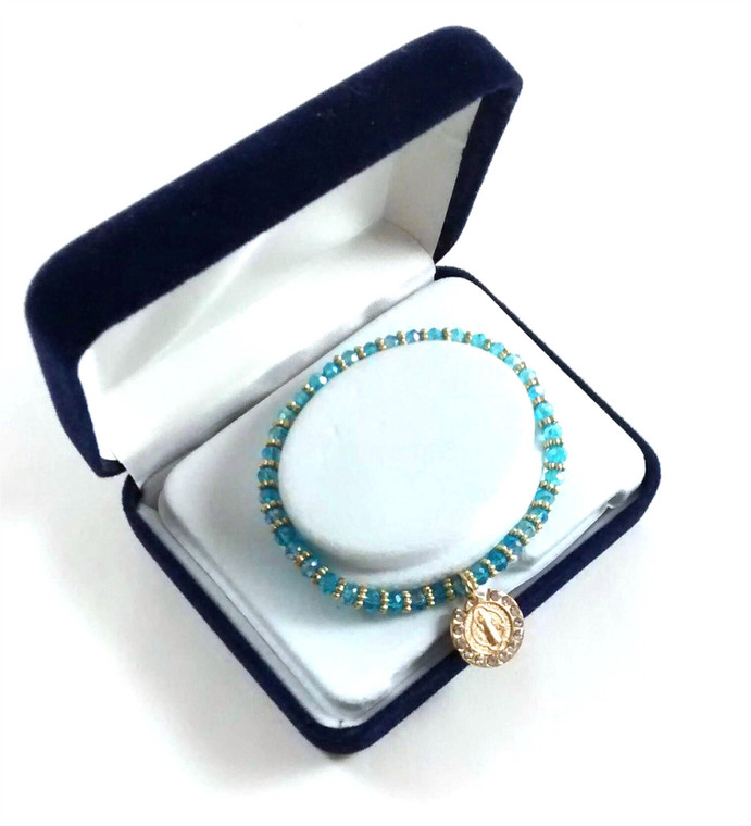 Saint Benedict Medal Charm GlassBlue/Gold Bead Bracelet