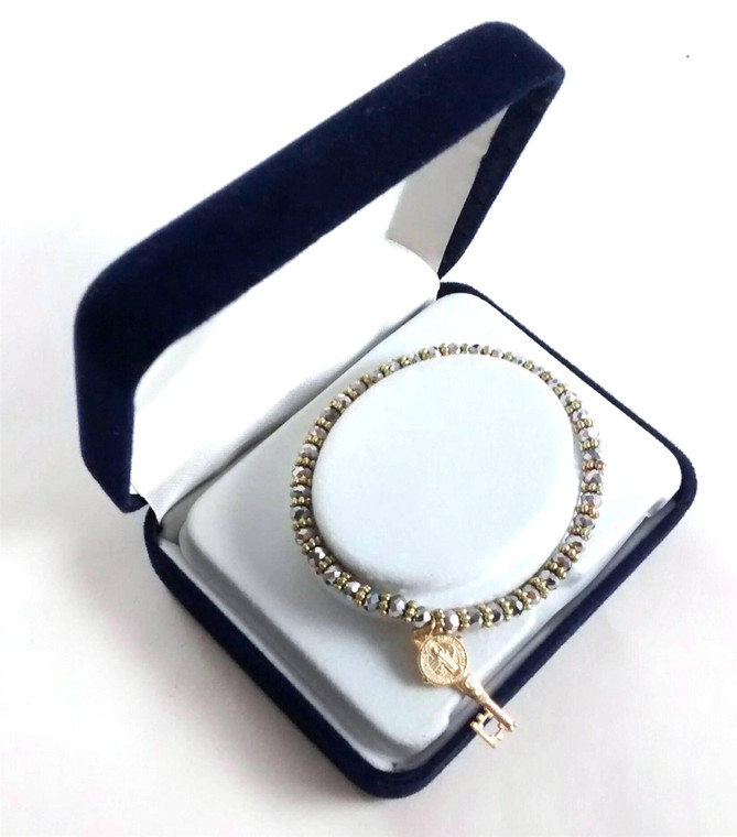 Saint Benedict Key CharmSilver/Gold Bead Bracelet