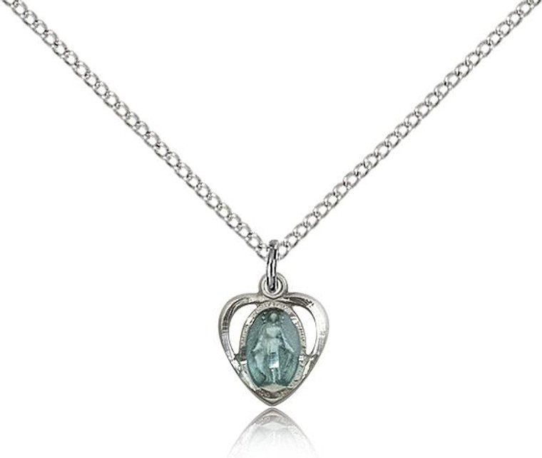 Sterling Silver Miraculous Pendant, Lite Curb Chain, 3/8" x 3/8"