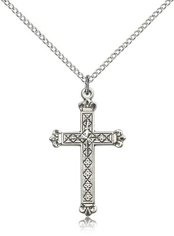 Sterling Silver Cross Pendant, Lite Curb Chain, 1 1/8" x 5/8"