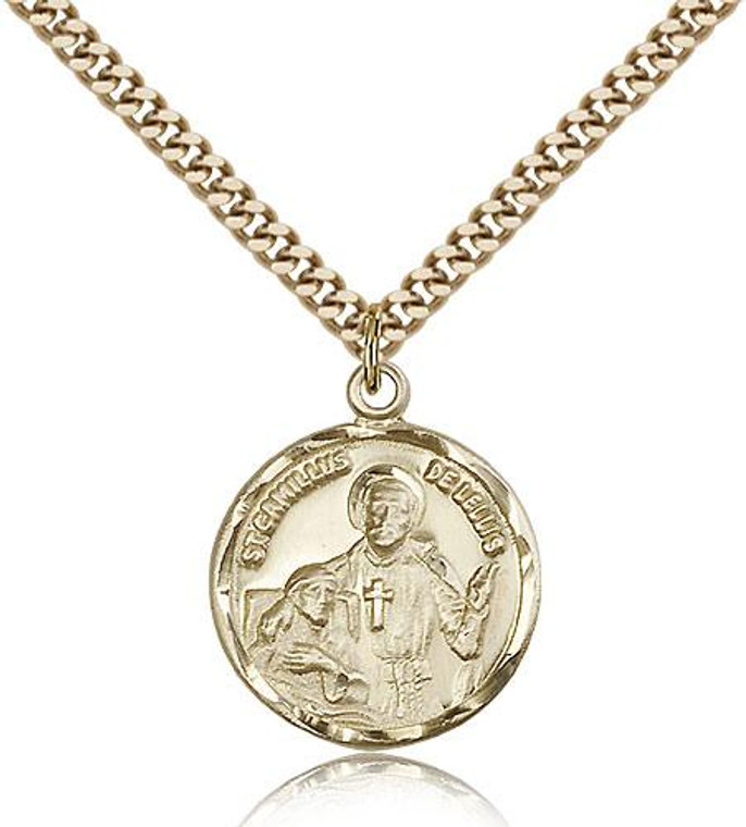 Gold Filled St. Camillus of Lellis Pendant, Stainless Gold Heavy Curb Chain, 7/8" x 3/4"
