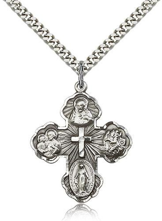 Sterling Silver 5-Way Pendant, Stainless Silver Heavy Curb Chain, 1 1/4" x 1"