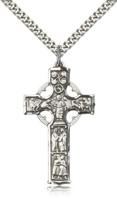 Sterling Silver Celtic Cross Pendant, Stainless Silver Heavy Curb Chain, 1 5/8" x 7/8"