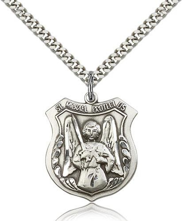 Sterling Silver St. Michael the Archangel Pendant, Stainless Silver Heavy Curb Chain, 1" x 7/8"