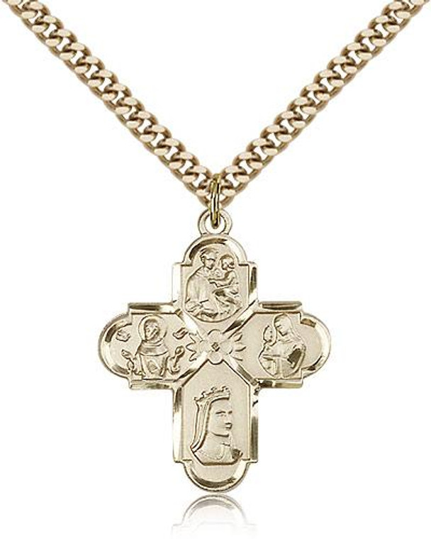 Gold Filled Franciscan 4-Way Pendant, Stainless Gold Heavy Curb Chain, 1" x 7/8"