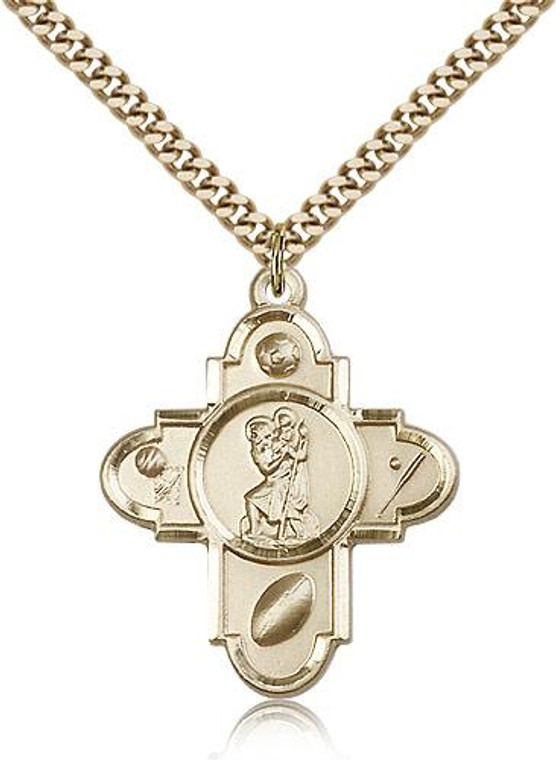 Gold Filled St. Christopher Pendant, Stainless Gold Heavy Curb Chain, 1 1/4" x 1"