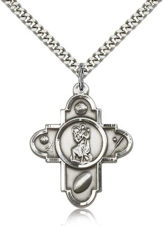 Sterling Silver St. Christopher Pendant, Stainless Silver Heavy Curb Chain, 1 1/4" x 1"