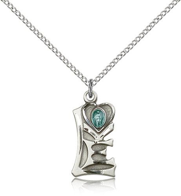 Sterling Silver Miraculous Pendant, Lite Curb Chain, 3/4" x 3/8"