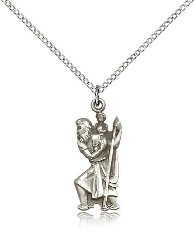 Sterling Silver St. Christopher Pendant, Lite Curb Chain, 7/8" x 3/8"