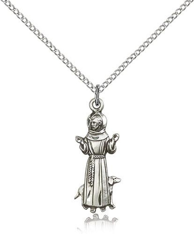 Sterling Silver St. Francis Pendant, Lite Curb Chain, 1" x 3/8"