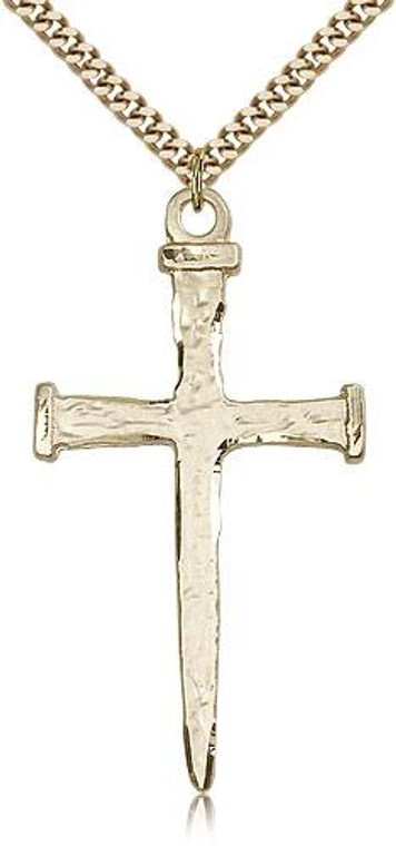 Gold Filled Nail Cross Pendant, Stainless Gold Heavy Curb Chain, 2" x 1"
