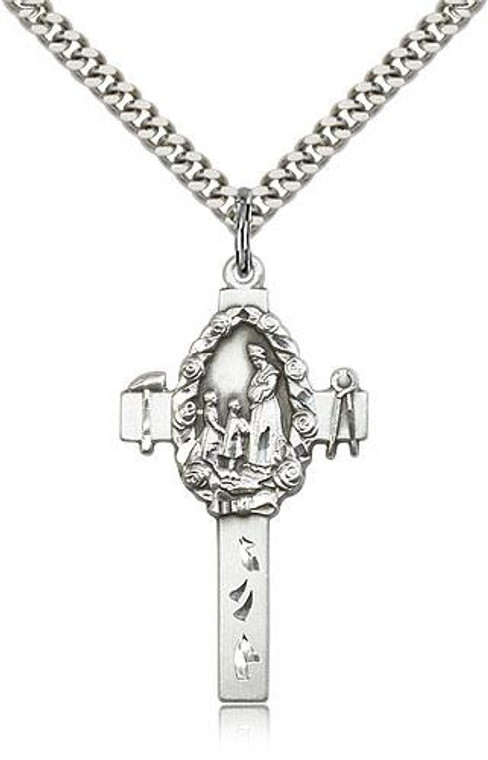 Sterling Silver Cross Pendant, Stainless Silver Heavy Curb Chain, 1 3/8" x 3/4"