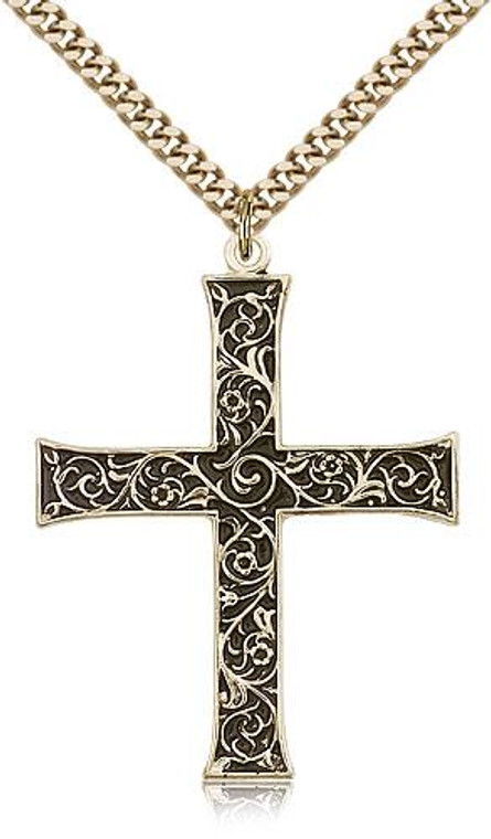Gold Filled Cross Pendant, Stainless Gold Heavy Curb Chain, 1 5/8" x 1 1/4"