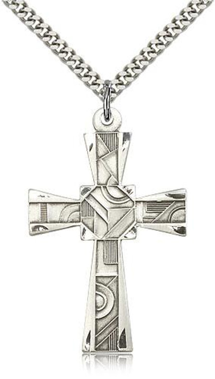 Sterling Silver Mosaic Cross Pendant, Stainless Silver Heavy Curb Chain, 1 5/8" x 1"