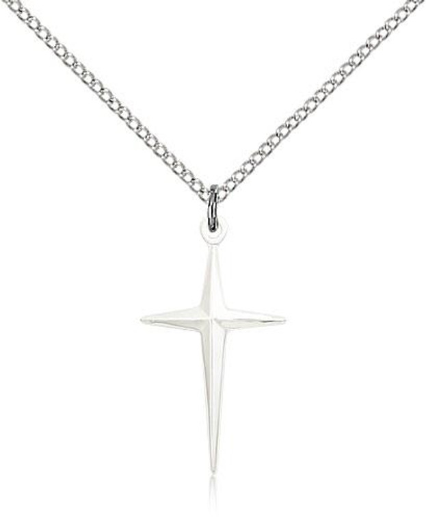 Sterling Silver Cross Pendant, Lite Curb Chain, 1" x 1/2"