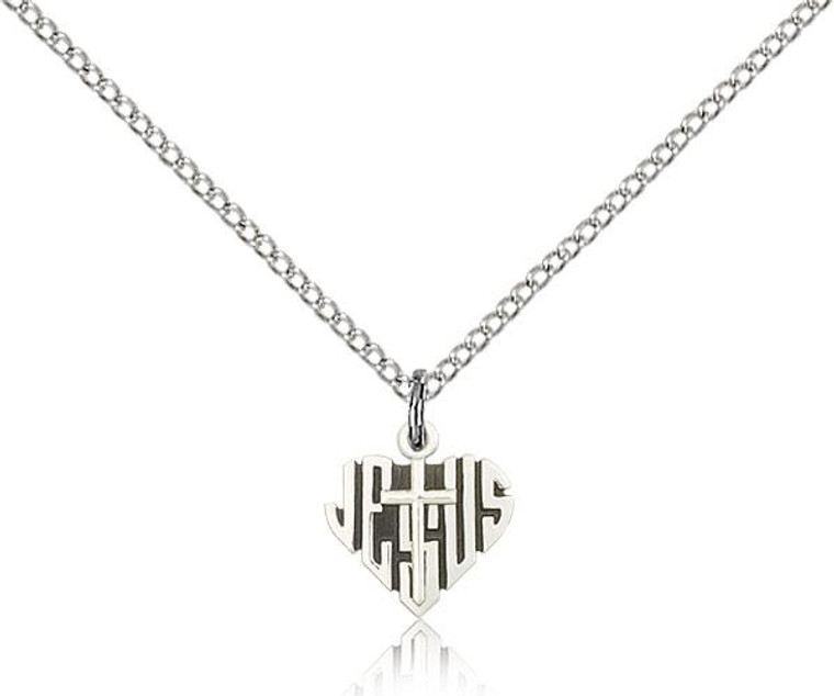 Sterling Silver Heart of Jesus / Cross Pendant, Lite Curb Chain, 3/8" x 3/8"