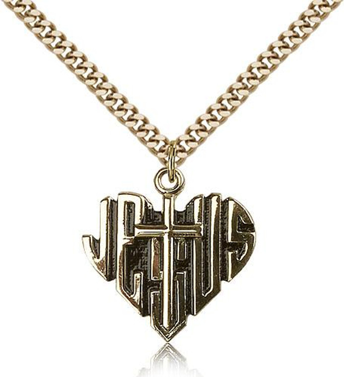 Gold Filled Heart of Jesus / Cross Pendant, Stainless Gold Heavy Curb Chain, 7/8" x 7/8"