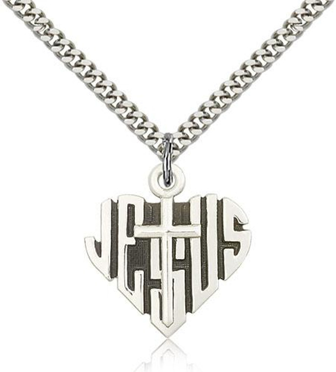 Sterling Silver Heart of Jesus / Cross Pendant, Stainless Silver Heavy Curb Chain, 7/8" x 7/8"