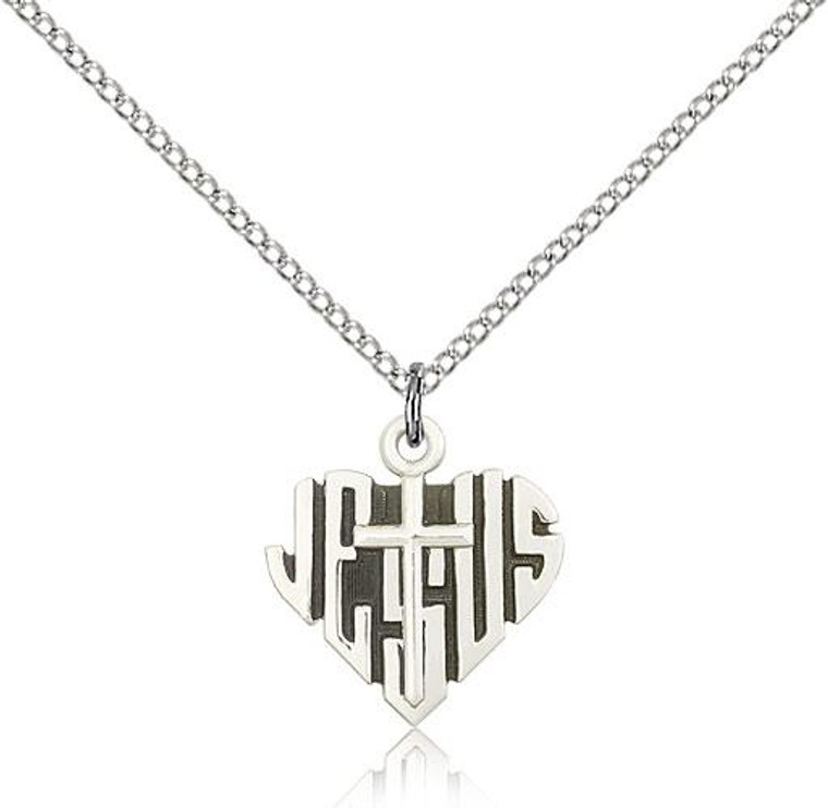 Sterling Silver Heart of Jesus / Cross Pendant, Lite Curb Chain, 5/8" x 5/8"