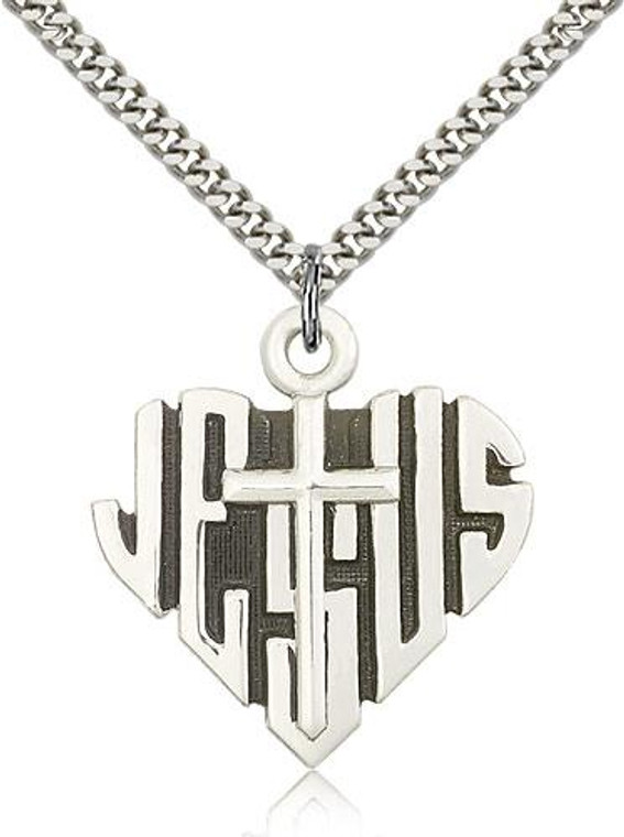 Sterling Silver Heart of Jesus / Cross Pendant, Stainless Silver Heavy Curb Chain, 1 1/8" x 1 1/8"