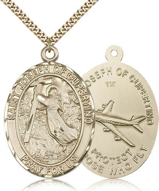 Gold Filled St. Joseph of Cupertino Pendant, Stainless Gold Heavy Curb Chain, 1 7/8" x 1 1/4"