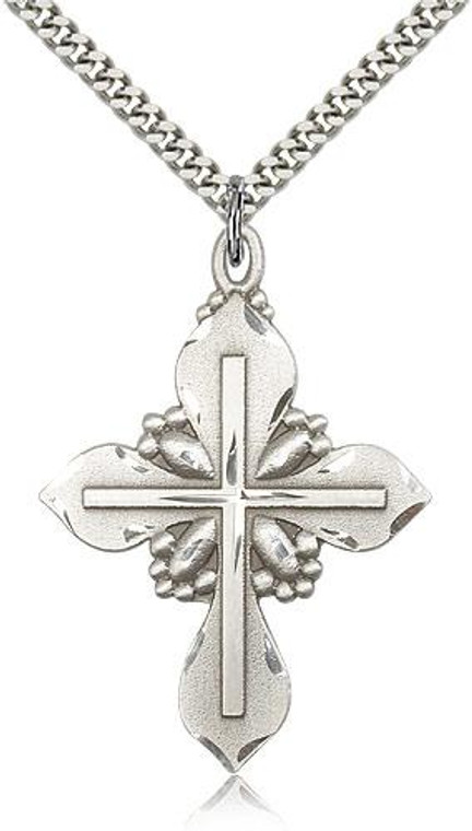 Sterling Silver Cross Pendant, Stainless Silver Heavy Curb Chain, 1 5/8" x 1 1/8"