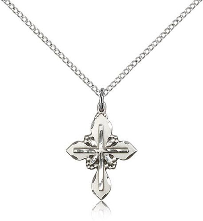 Sterling Silver Cross Pendant, Lite Curb Chain, 3/4" x 1/2"