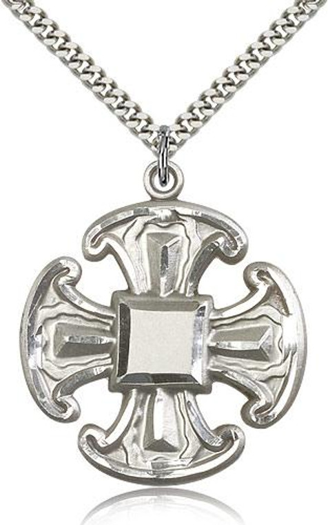 Sterling Silver Cross Pendant, Stainless Silver Heavy Curb Chain, 1 1/2" x 1 1/4"