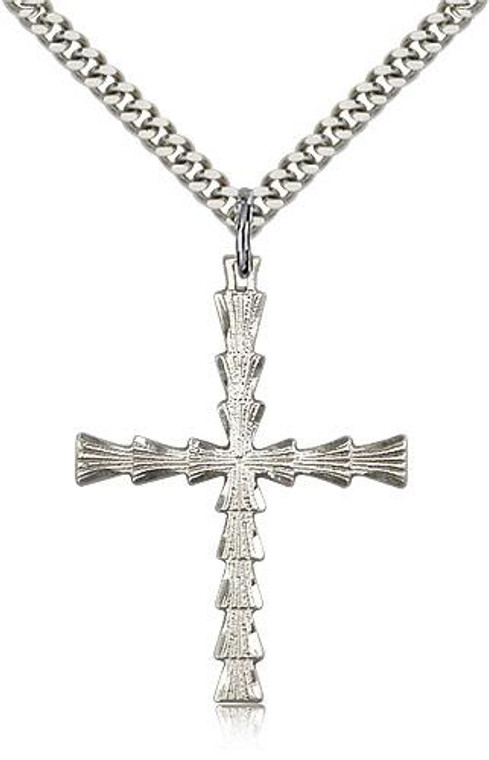 Sterling Silver Cross Pendant, Stainless Silver Heavy Curb Chain, 1 3/8" x 1"