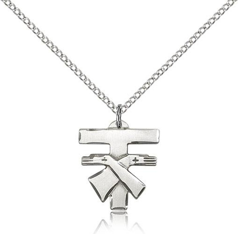 Sterling Silver Franciscan Cross Pendant, Lite Curb Chain, 5/8" x 5/8"