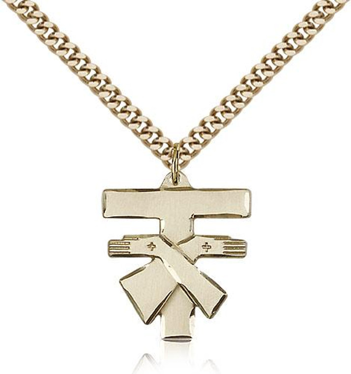 Gold Filled Franciscan Cross Pendant, Stainless Gold Heavy Curb Chain, 3/4" x 3/4"