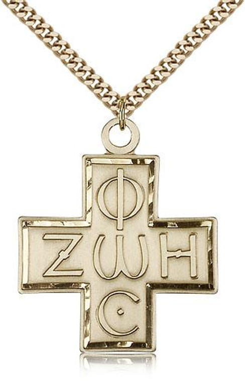 Gold Filled Light & Life Cross Pendant, Stainless Gold Heavy Curb Chain, 1 3/8" x 1 1/4"