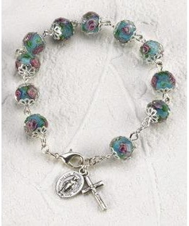 Light Blue Crystal Rosary Miraculous Medal Bracelet 108-16-5011