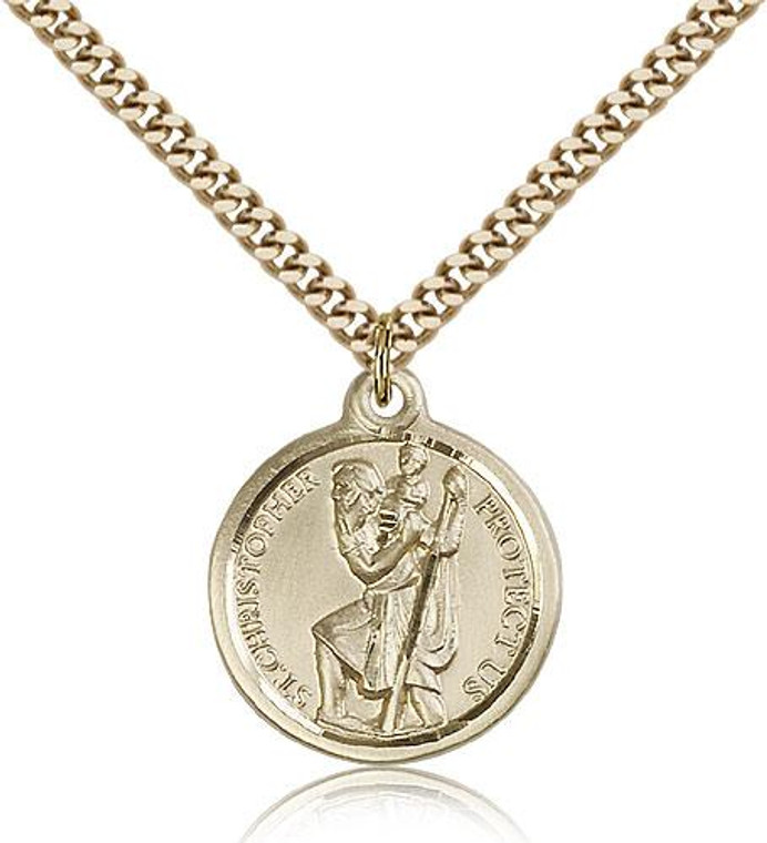 Gold Filled St. Christopher Pendant, Stainless Gold Heavy Curb Chain, 7/8" x 3/4"