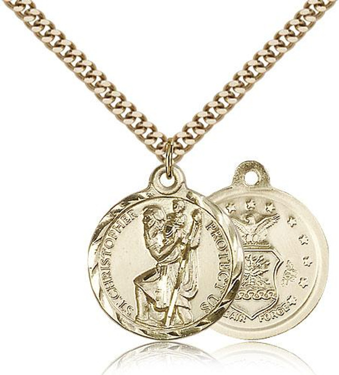 Gold Filled St. Christopher Air Force Pendant, Gold Heavy Curb Chain, 7/8" x 3/4"
