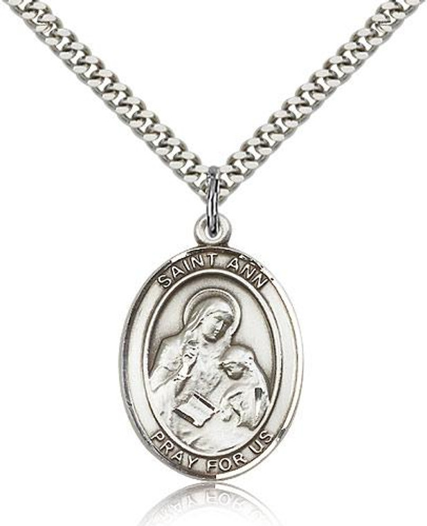 Sterling Silver St. Ann Pendant, Stainless Silver Heavy Curb Chain, Large Size Catholic Medal, 1" x 3/4"
