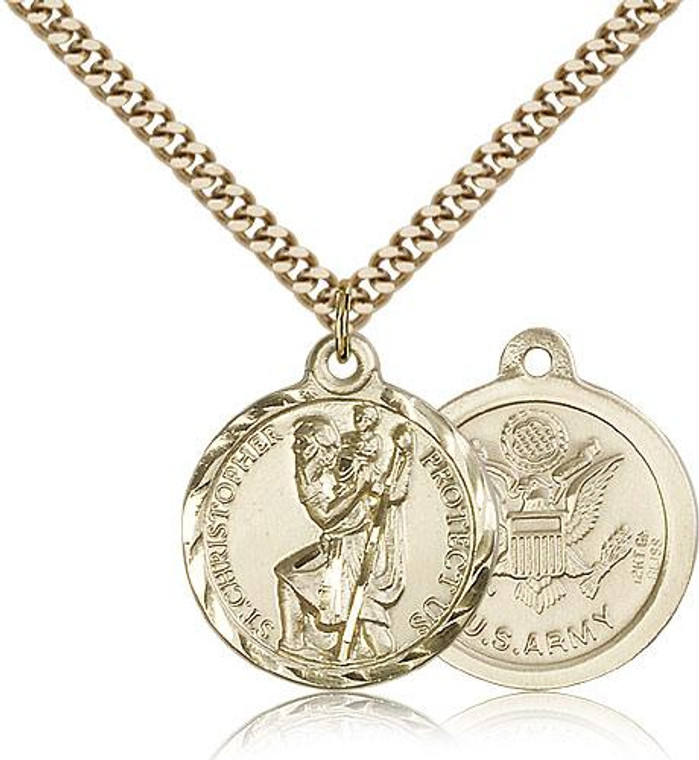 Gold Filled St. Christopher Army Pendant, Gold Heavy Curb Chain, 7/8" x 3/4"
